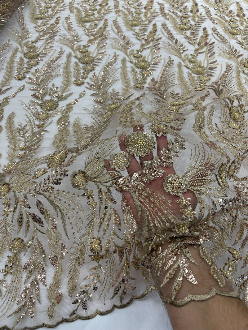 Feather and Vine Beaded Lace Fabric, by The Yard