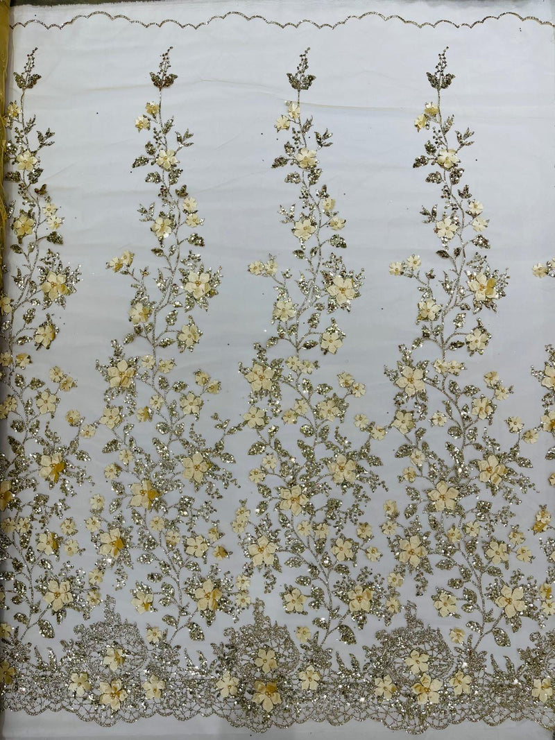 Princess Glitter 3d floral design embroidery with pearls in a mesh lace-sold by the yard.