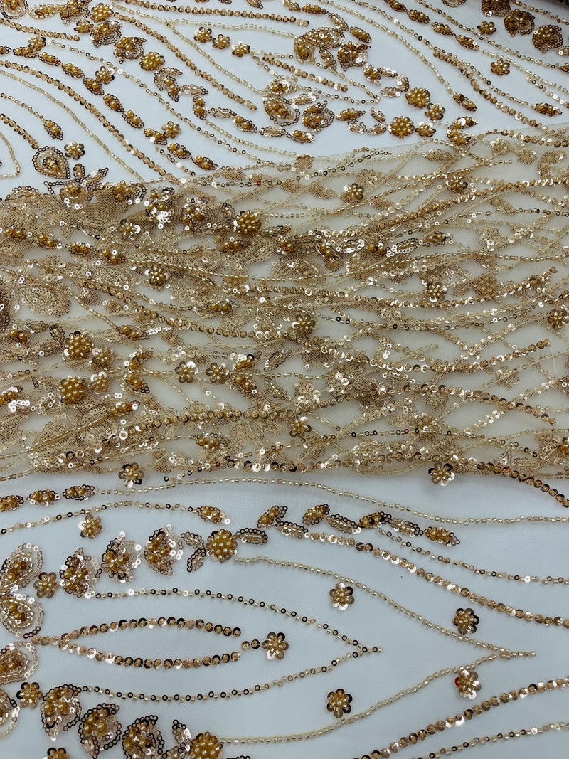 Modern Luxury Beaded Fabric Embroidered on a Mesh Lace, Sold by The Yard.