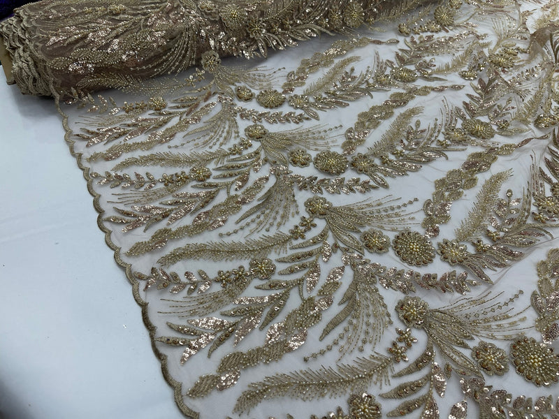 Feather and Vine Beaded Lace Fabric, by The Yard