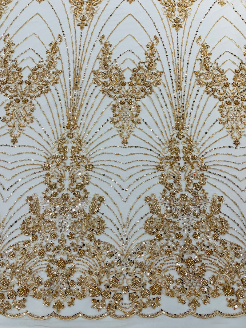 Royalty Damask Beaded Lace Luxury on Mesh, by The Yard.
