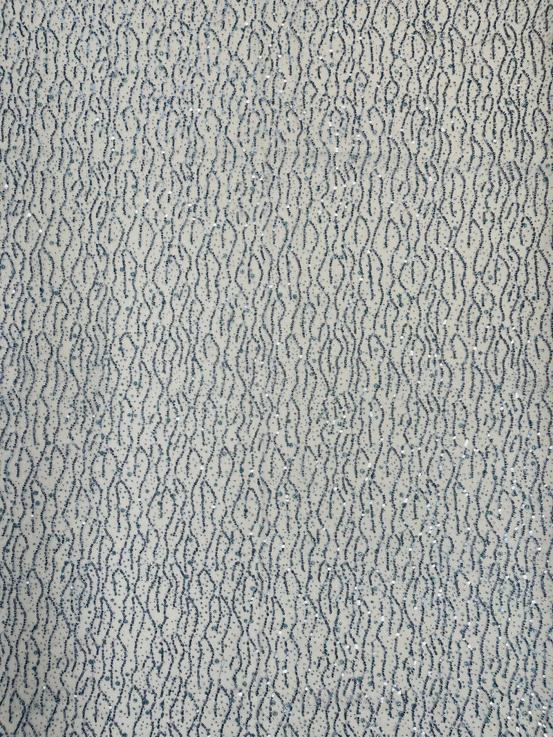Sparkling Glitter Beads Sequin Fabric, Wave Design, Fabric Embroidered on a Mesh Lace Wedding Bridal Dress.