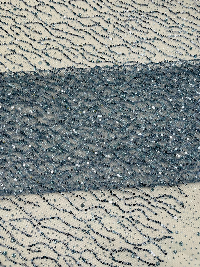 Sparkling Glitter Beads Sequin Fabric, Wave Design, Fabric Embroidered on a Mesh Lace Wedding Bridal Dress.