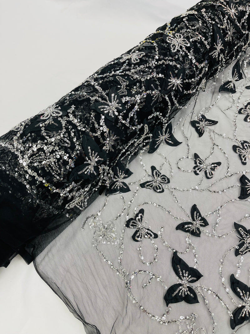 3D BEADED BUTTERFLY LACE ON A MESH FABRIC (By The Yard)