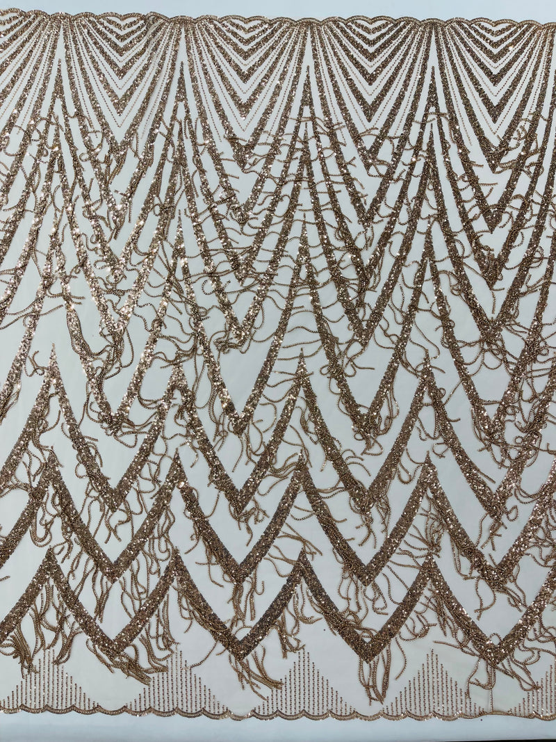 GEOMETRIC BEADED FRINGE DESIGN ON A MESH FABRIC (By The Yard)