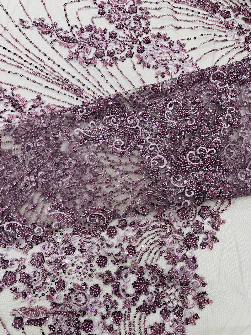 Royalty Damask Beaded Lace Luxury on Mesh, by The Yard.