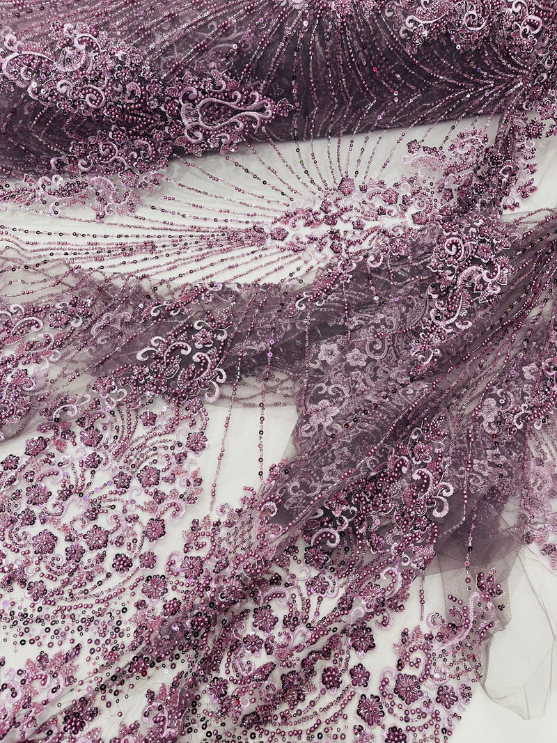Royalty Damask Beaded Lace Luxury on Mesh, by The Yard.