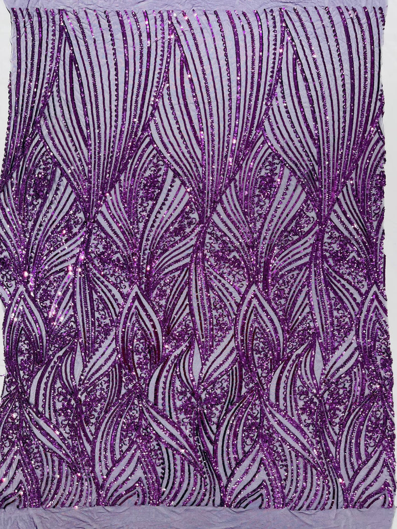 Geometric Feather wing shiny sequin design on a 4 way stretch mesh Fabric-prom-sold by the yard.