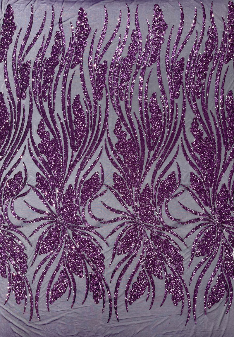 Feather damask shiny sequin design on a 4 way stretch mesh Fabric-prom-sold by The yard.