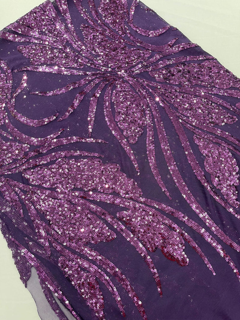 Feather damask shiny sequin design on a 4 way stretch mesh Fabric-prom-sold by The yard.