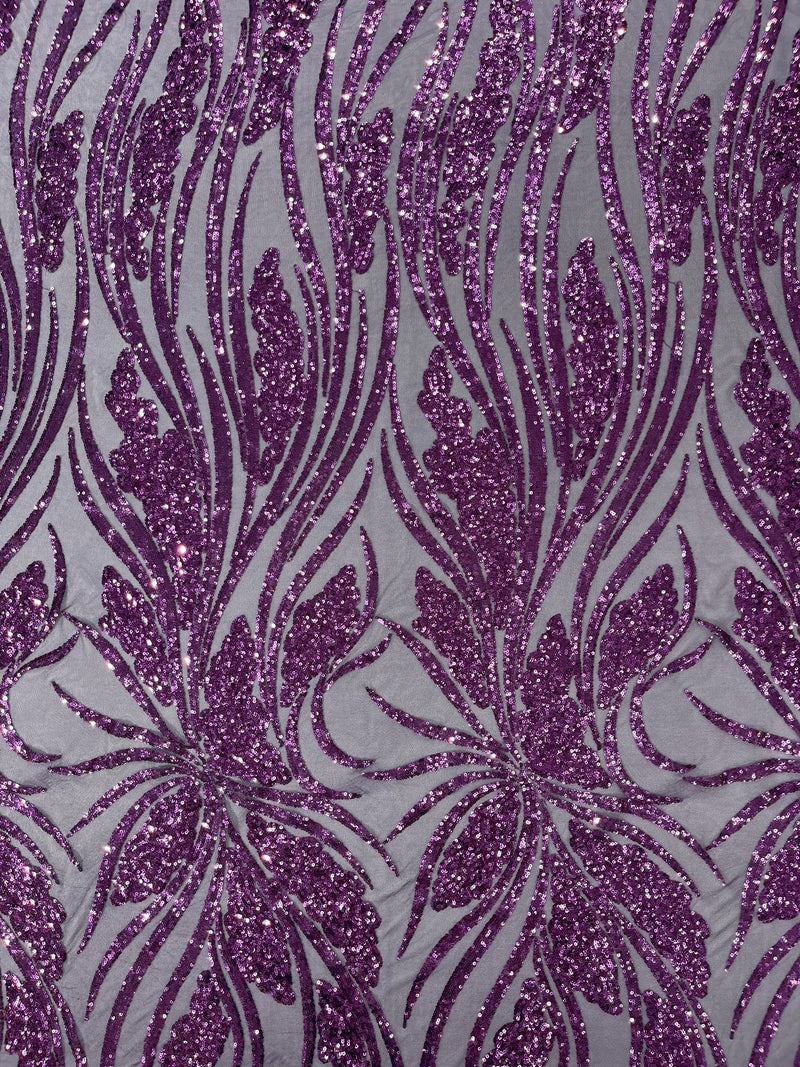 Feather damask shiny sequin design on a 4 way stretch mesh Fabric-prom-sold by The yard.