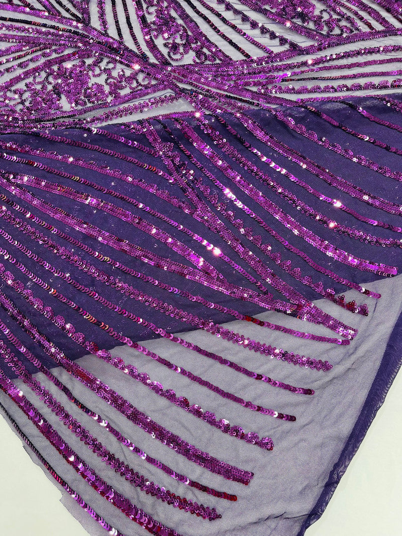 Geometric Feather wing shiny sequin design on a 4 way stretch mesh Fabric-prom-sold by the yard.