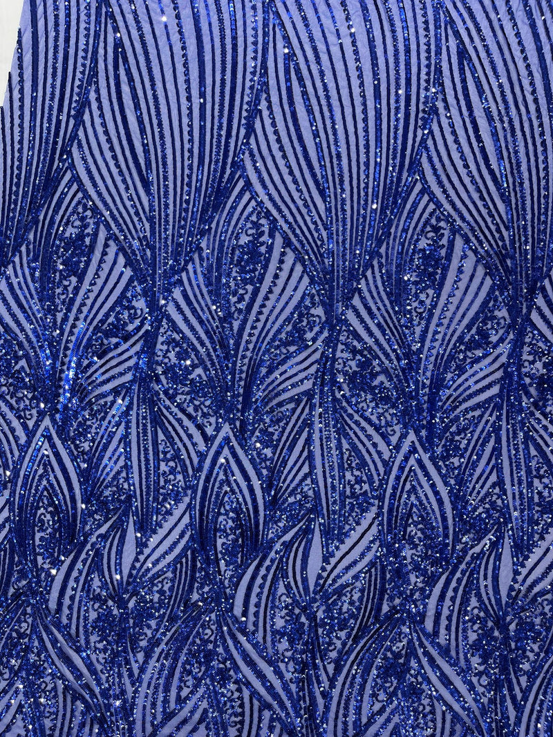 Geometric Feather wing shiny sequin design on a 4 way stretch mesh Fabric-prom-sold by the yard.