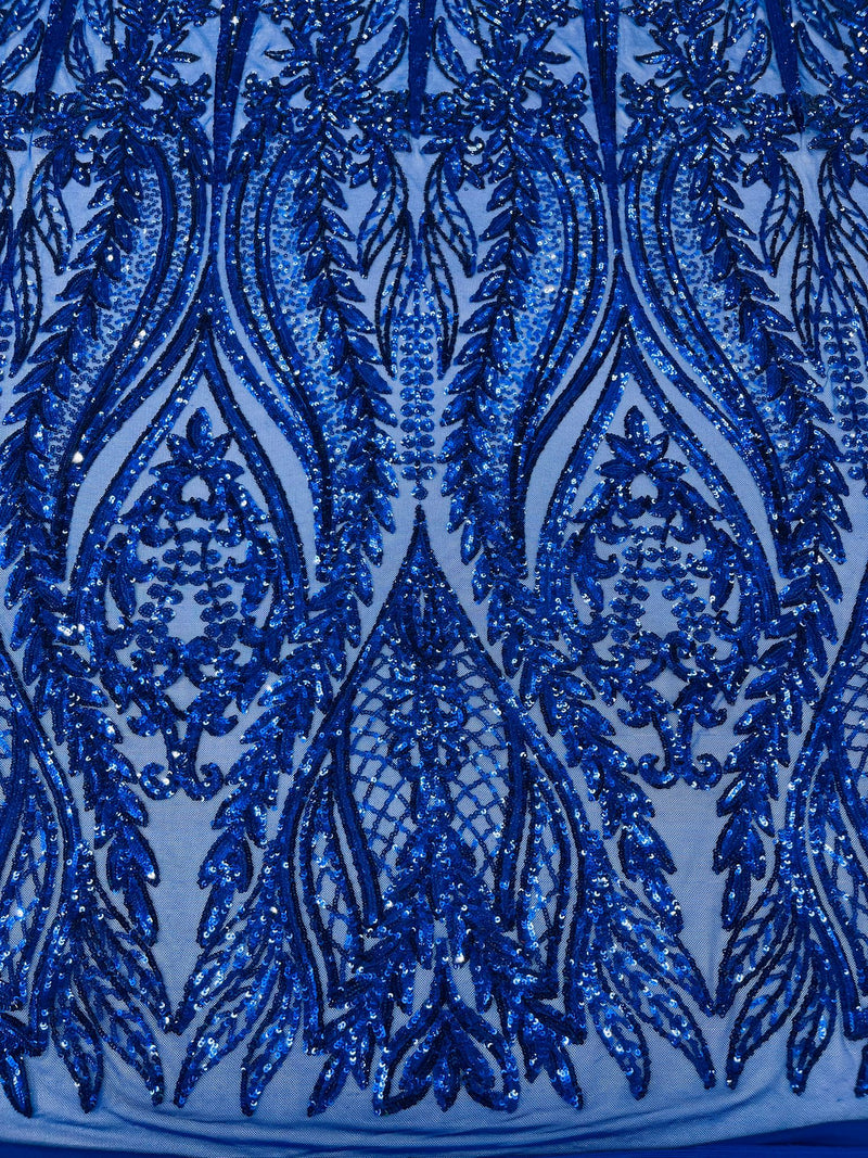 Damask design with sequins embroider on a 4 way stretch mesh fabric.