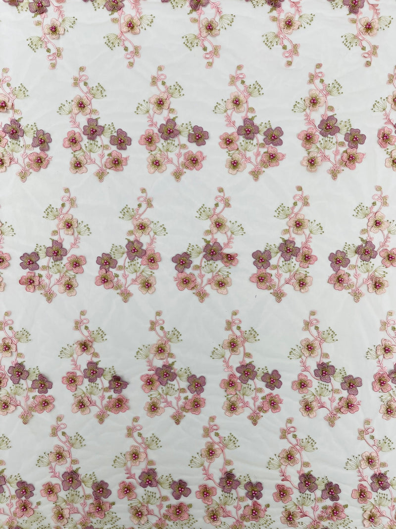 Multi Color 3D Floral Design Embroider with Pearls in a Mesh Lace Fabric -Sold by the yard.