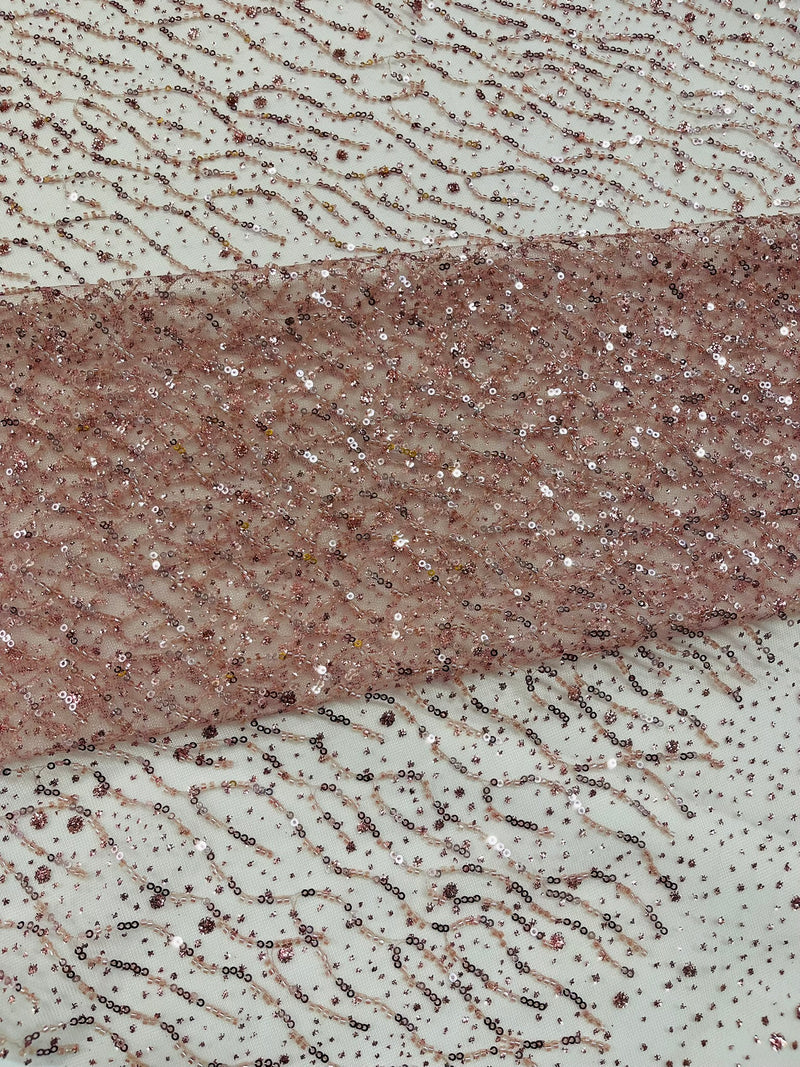 Sparkling Glitter Beads Sequin Fabric, Wave Design, Fabric Embroidered on a Mesh Lace Wedding Bridal Dress.