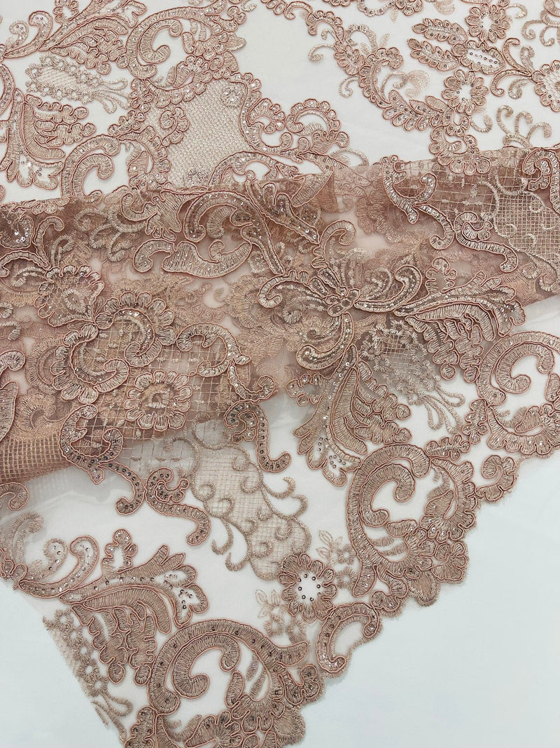 Embroidery Damask Design With Sequins On A Mesh Lace Fabric/Prom/Wedding.