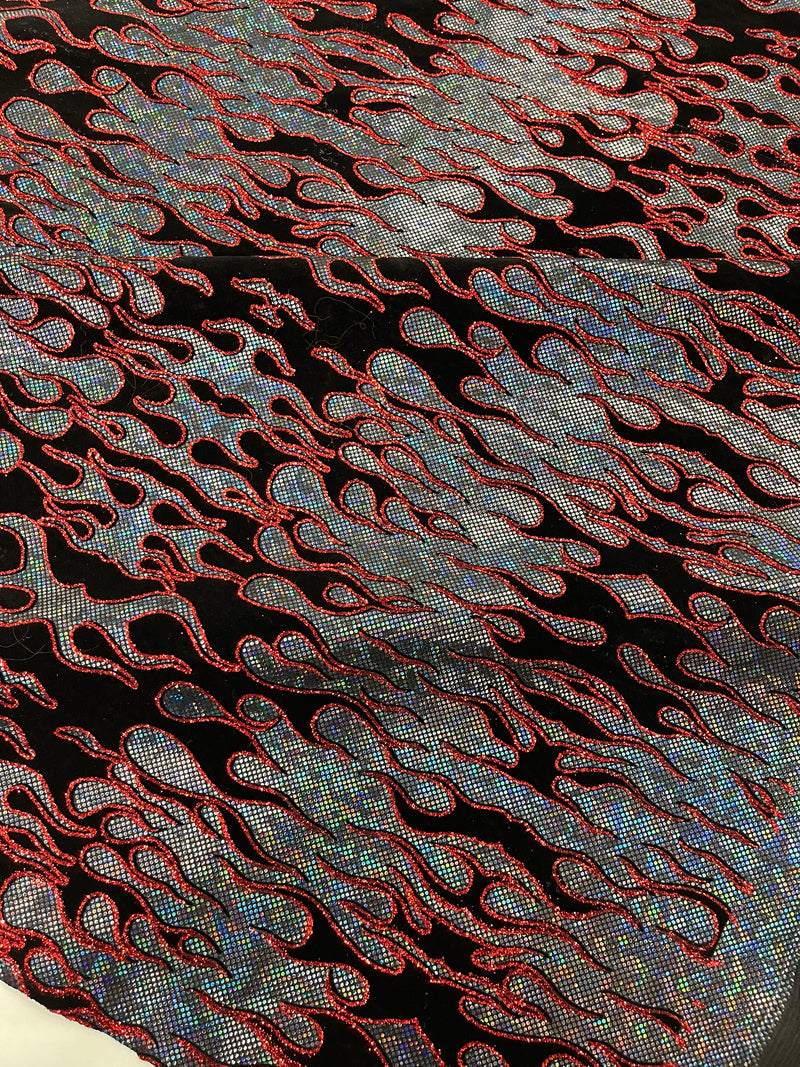 Hot Rod Tricot Holographic 4 Way Spandex With Black Flocking Flames And Red Glitter Fabric-