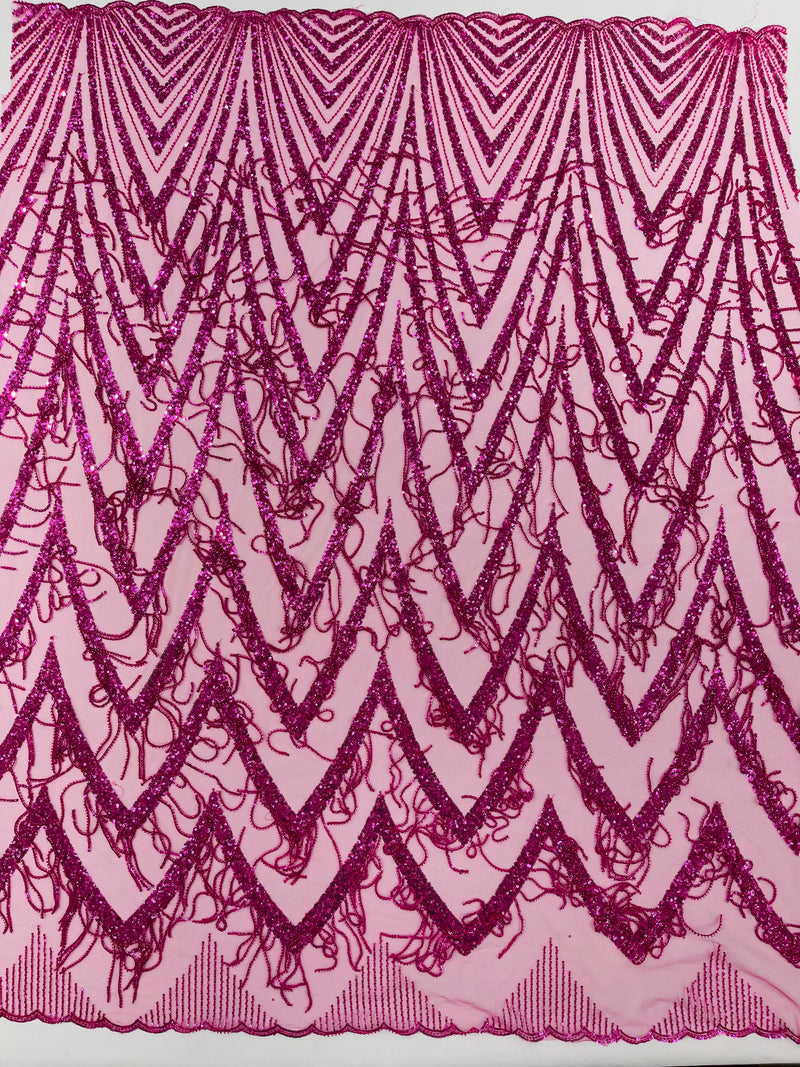 GEOMETRIC BEADED FRINGE DESIGN ON A MESH FABRIC (By The Yard)