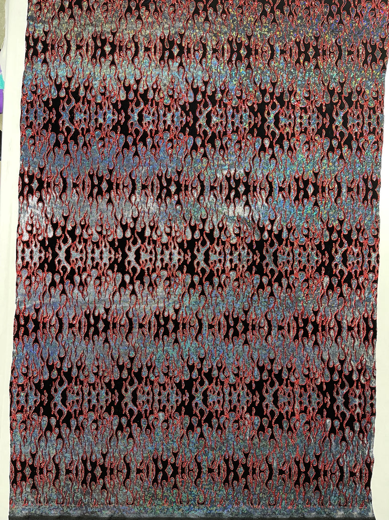 Hot Rod Tricot Holographic 4 Way Spandex With Black Flocking Flames And Red Glitter Fabric-