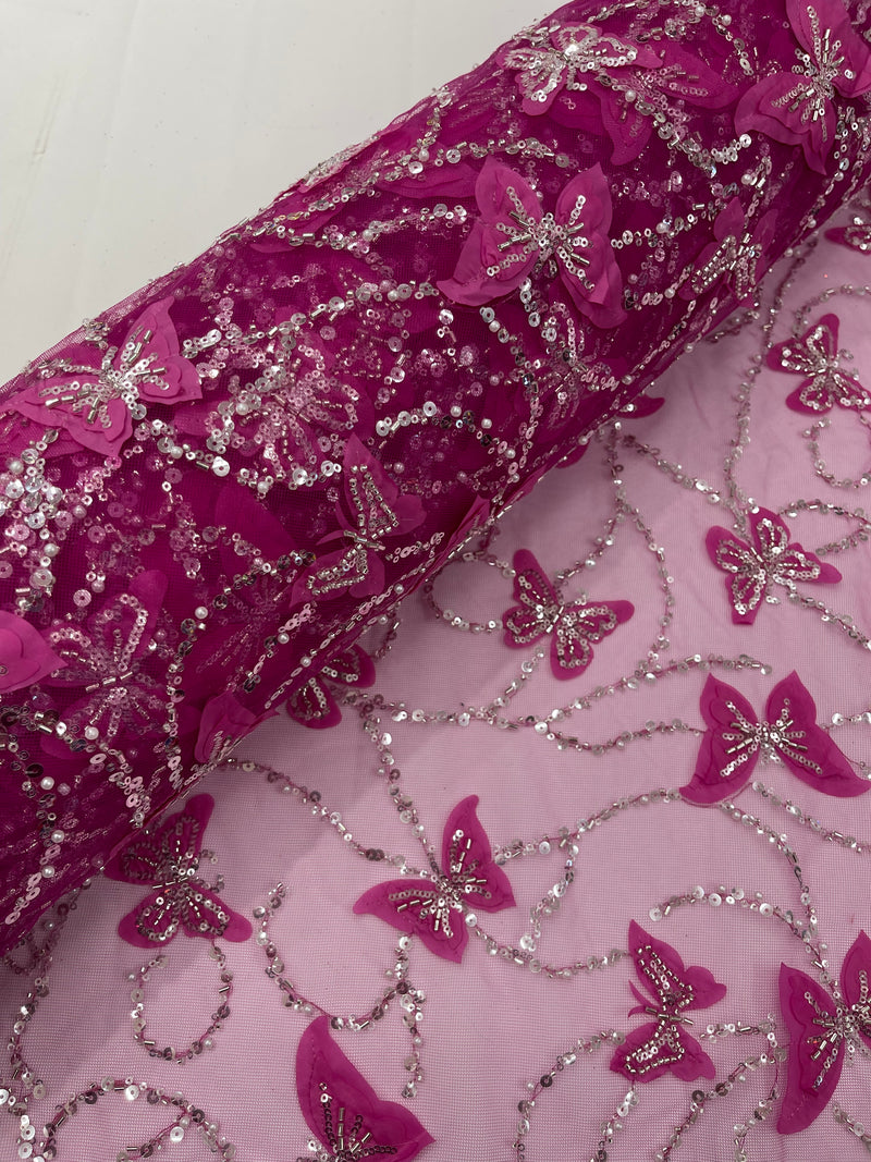 3D BEADED BUTTERFLY LACE ON A MESH FABRIC (By The Yard)