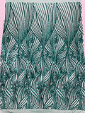 Geometric Feather wing shiny sequin design on a 4 way stretch mesh Fabric-prom-sold by the yard.