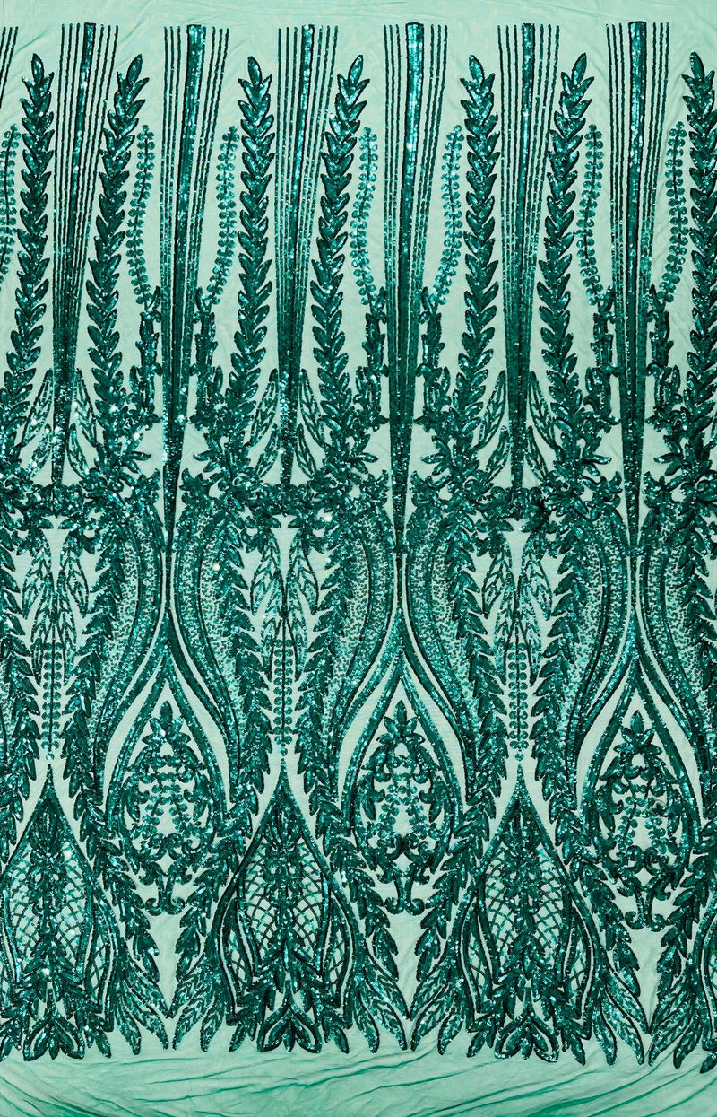 Damask design with sequins embroider on a 4 way stretch mesh fabric.