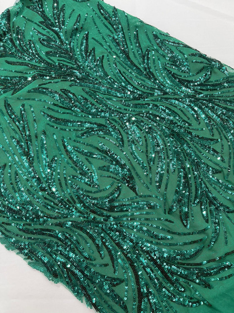 Feather Wing Shiny Sequin Design on a 4 Way Stretch mesh Fabric-Prom-Sold by The Yard.