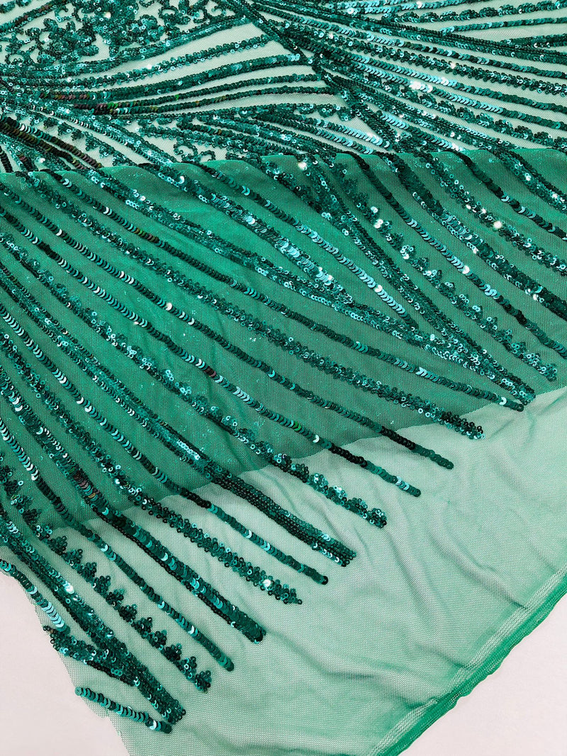 Geometric Feather wing shiny sequin design on a 4 way stretch mesh Fabric-prom-sold by the yard.