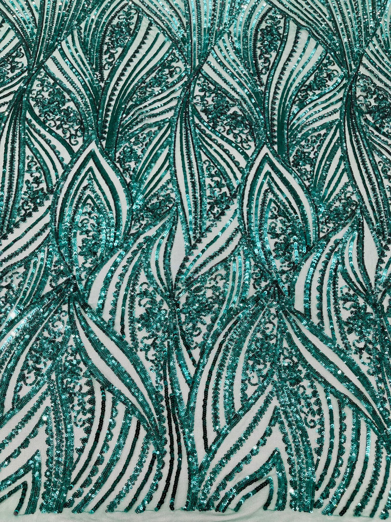 Geometric Feather wing shiny sequin design on a 4 way stretch mesh Fabric-prom-sold by the yard.