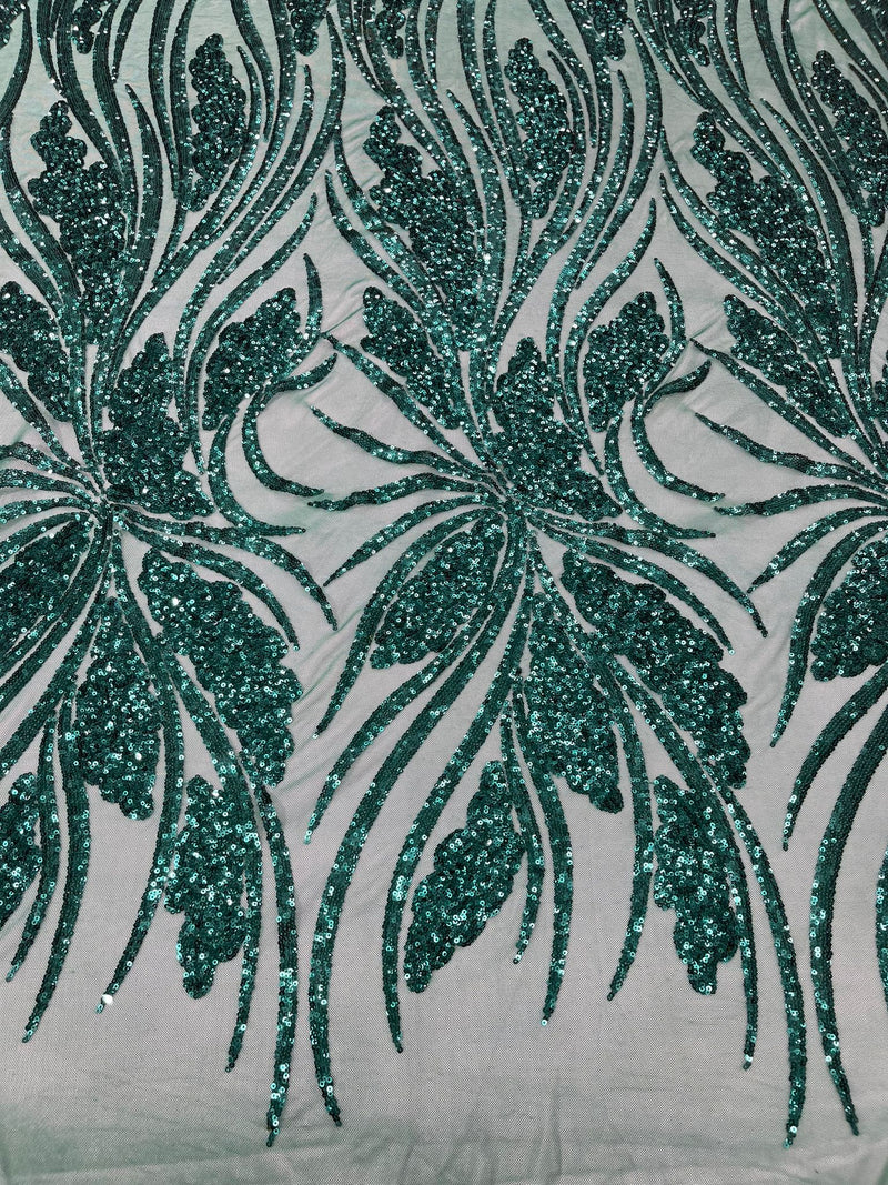 Feather damask shiny sequin design on a 4 way stretch mesh Fabric-prom-sold by The yard.