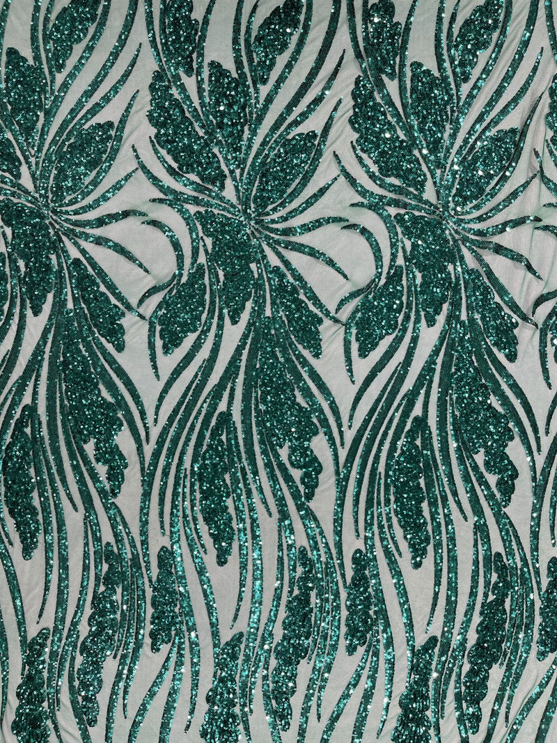 Feather damask shiny sequin design on a 4 way stretch mesh Fabric-prom-sold by The yard.