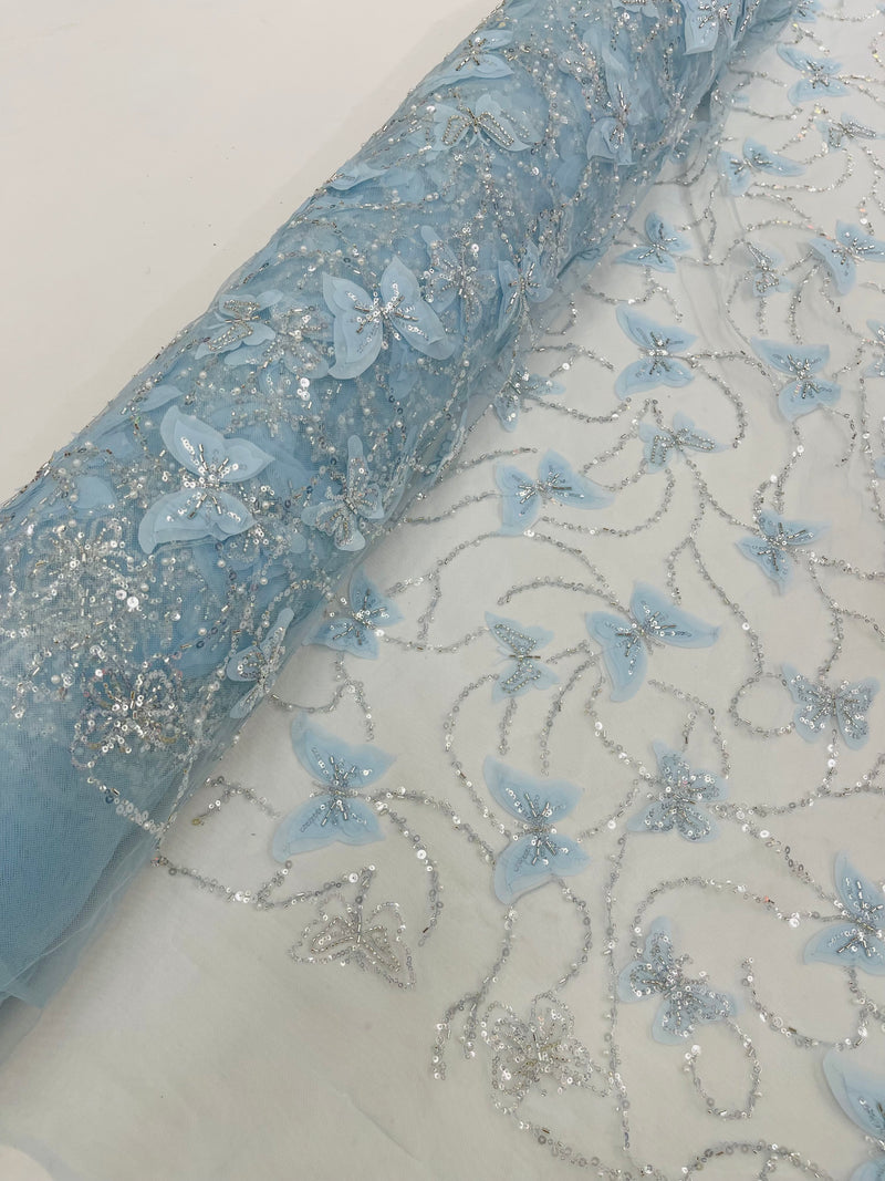 3D BEADED BUTTERFLY LACE ON A MESH FABRIC (By The Yard)