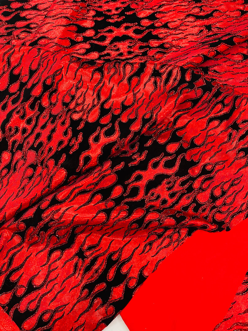 Hot Rod Tricot Holographic 4 Way Spandex With Black Flocking Flames And Red Glitter Fabric-