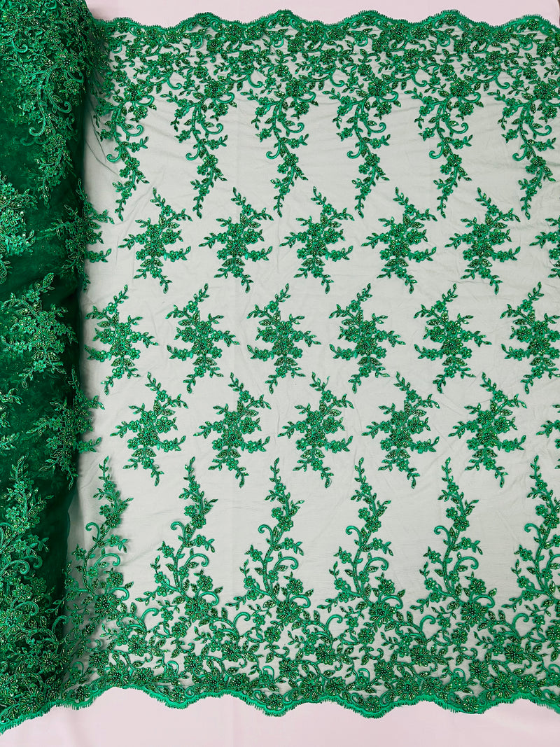 BIG FLORAL DAMASK BEADED MESH LACE FABRIC (By The Yard)