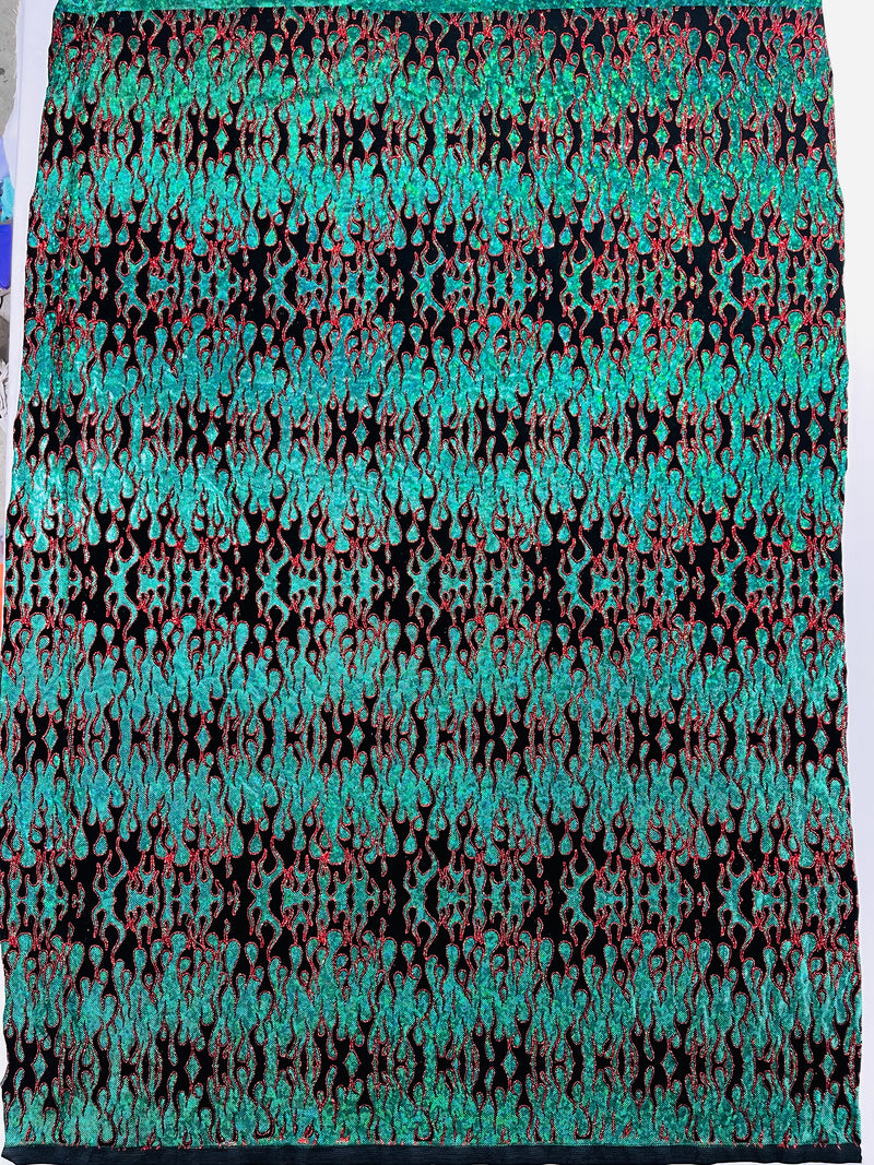 Hot Rod Tricot Holographic 4 Way Spandex With Black Flocking Flames And Red Glitter Fabric-