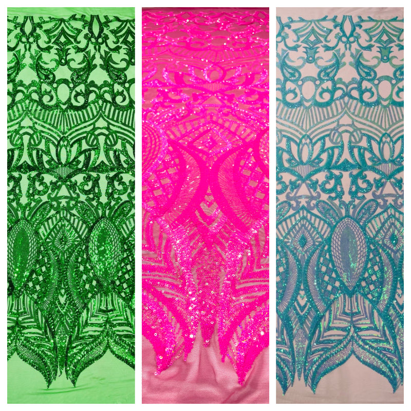 ROYALTY SEQUIN DAMASK ON STRETCH MESH FABRIC (By The Yard)