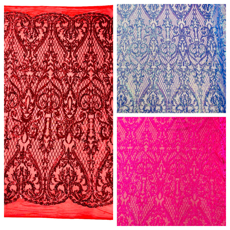 HEART DAMASK SEQUIN STRETCH MESH FABRIC (By The Yard)