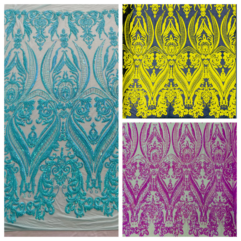 BIG DAMASK SEQUIN ON STRETCH MESH FABRIC (By The Yard)