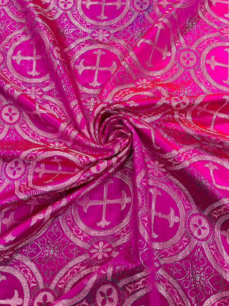 Fuchsia/Silver - Rectangular Metallic Cross Brocade Jacquard Satin Tablecloth Overlay/Religious Brocade/Liturgical Fabric/Church.