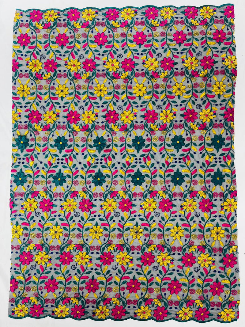 Oaxaca multi color Mexican Sarape floral design embroider mesh lace-sold by the yard.