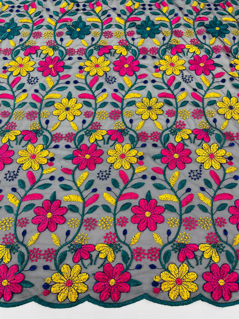 Oaxaca multi color Mexican Sarape floral design embroider mesh lace-sold by the yard.