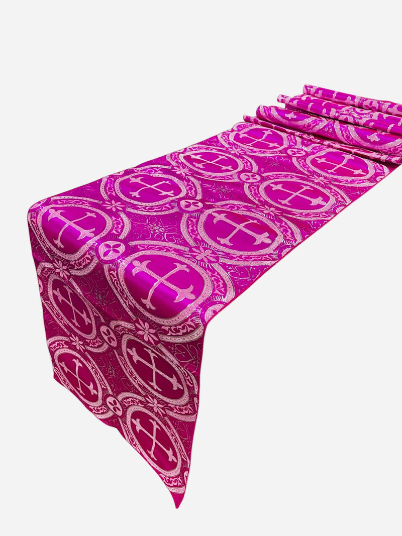 Religious Brocade Runner Tablecloth | Liturgical Fabric | Runner Ecclesiastical Jacquard | Church | Vestment-Cross Brocade.