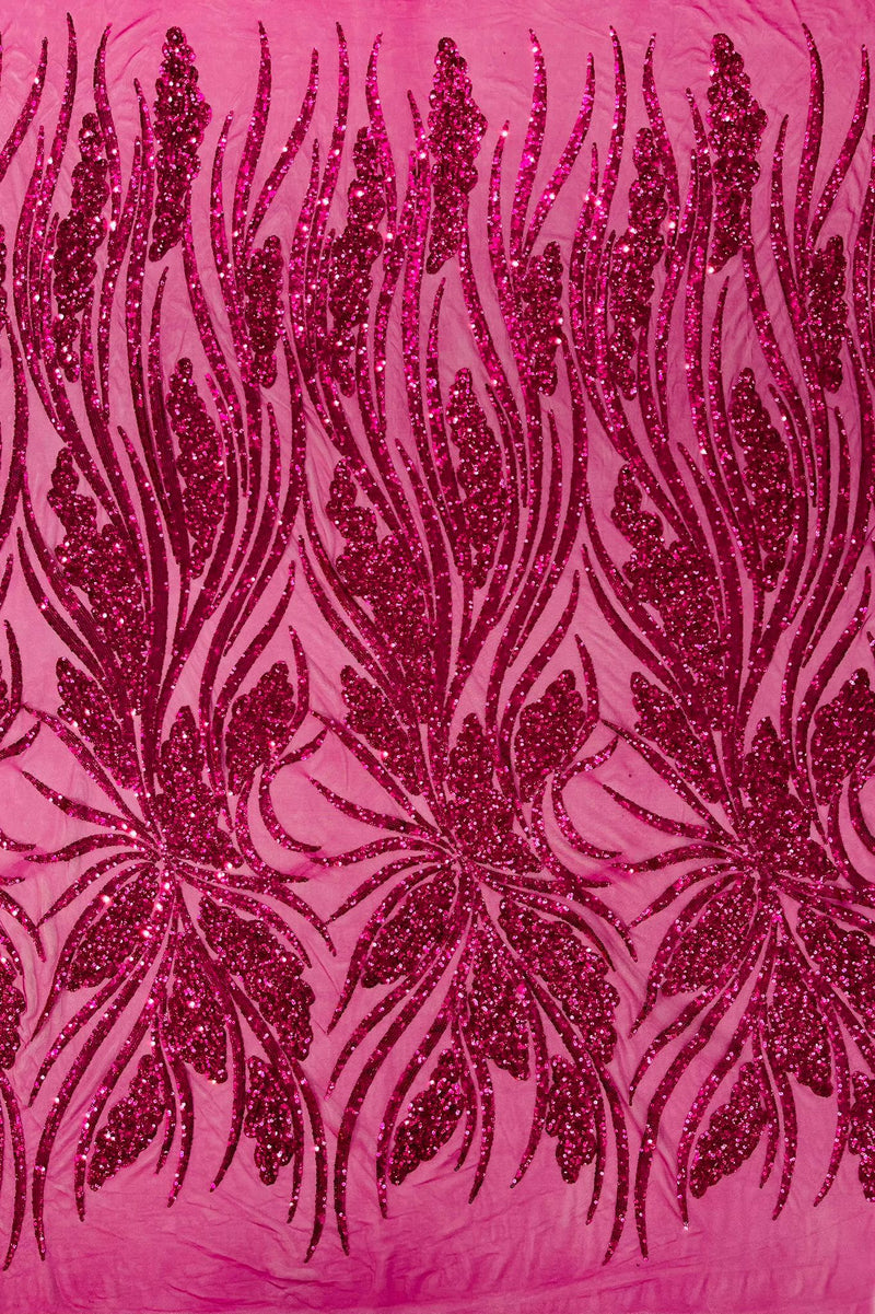 Feather damask shiny sequin design on a 4 way stretch mesh Fabric-prom-sold by The yard.