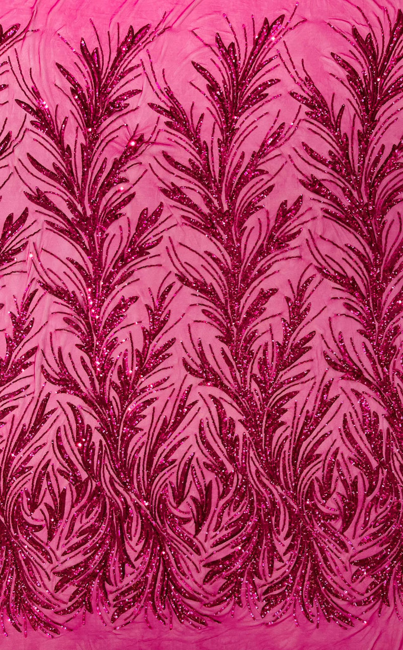 Feather Wing Shiny Sequin Design on a 4 Way Stretch mesh Fabric-Prom-Sold by The Yard.