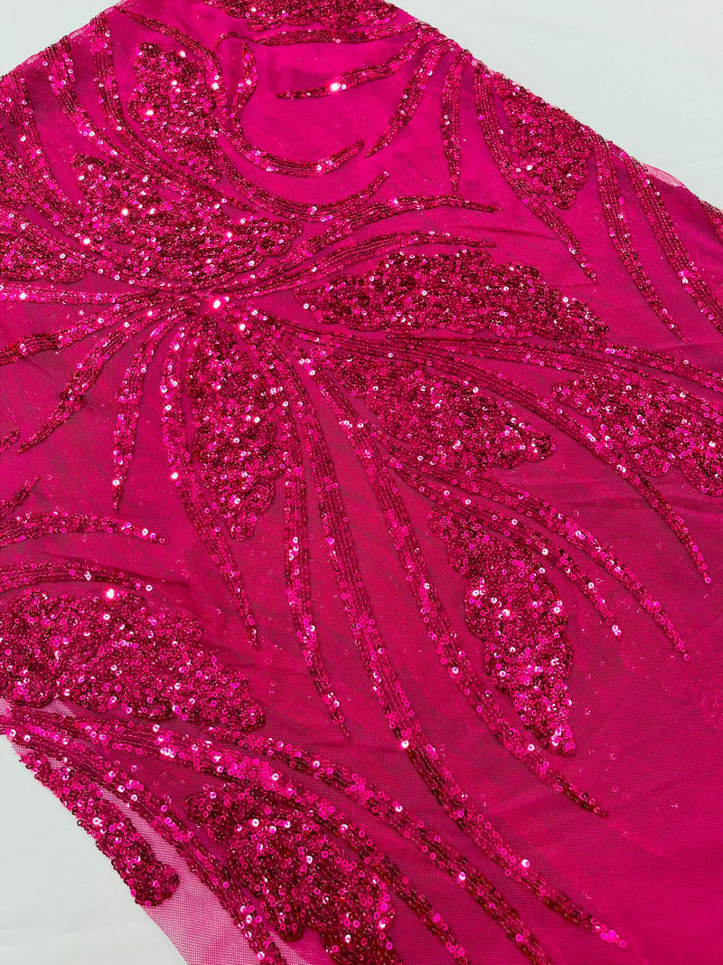 Feather damask shiny sequin design on a 4 way stretch mesh Fabric-prom-sold by The yard.