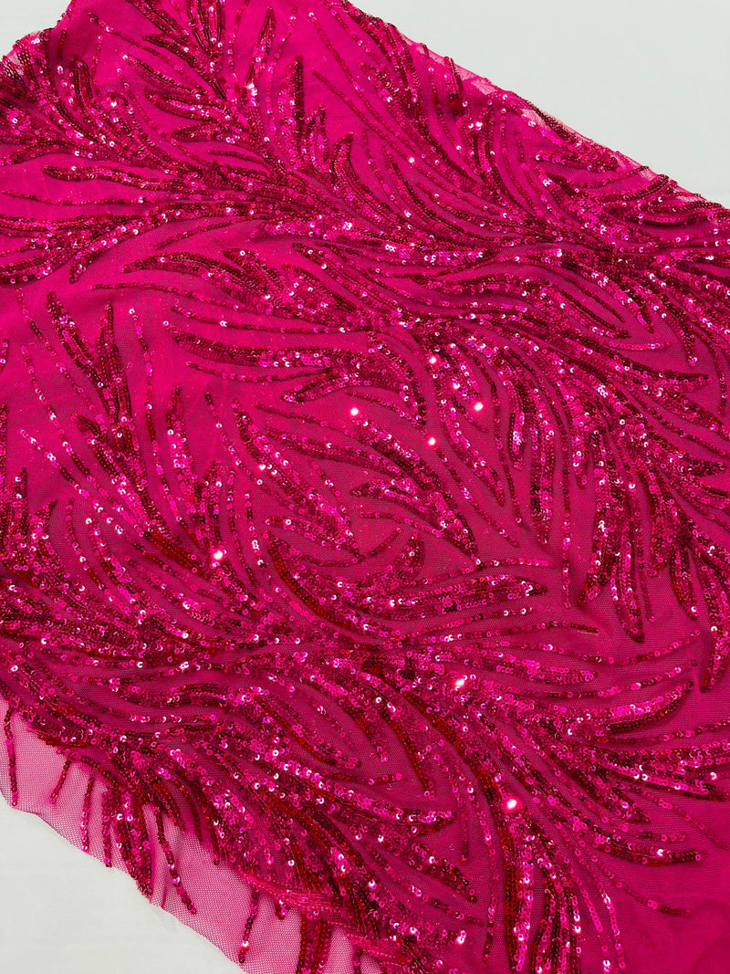 Feather Wing Shiny Sequin Design on a 4 Way Stretch mesh Fabric-Prom-Sold by The Yard.