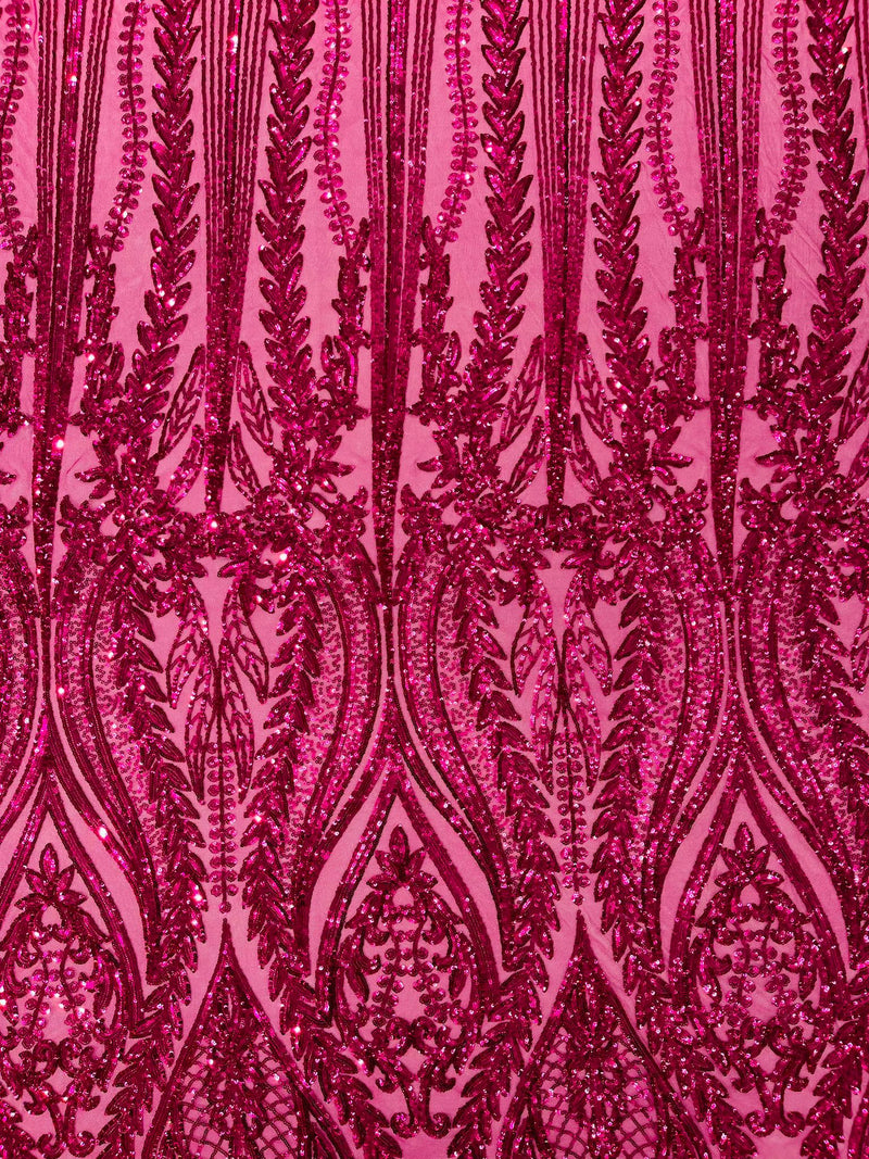 Damask design with sequins embroider on a 4 way stretch mesh fabric.