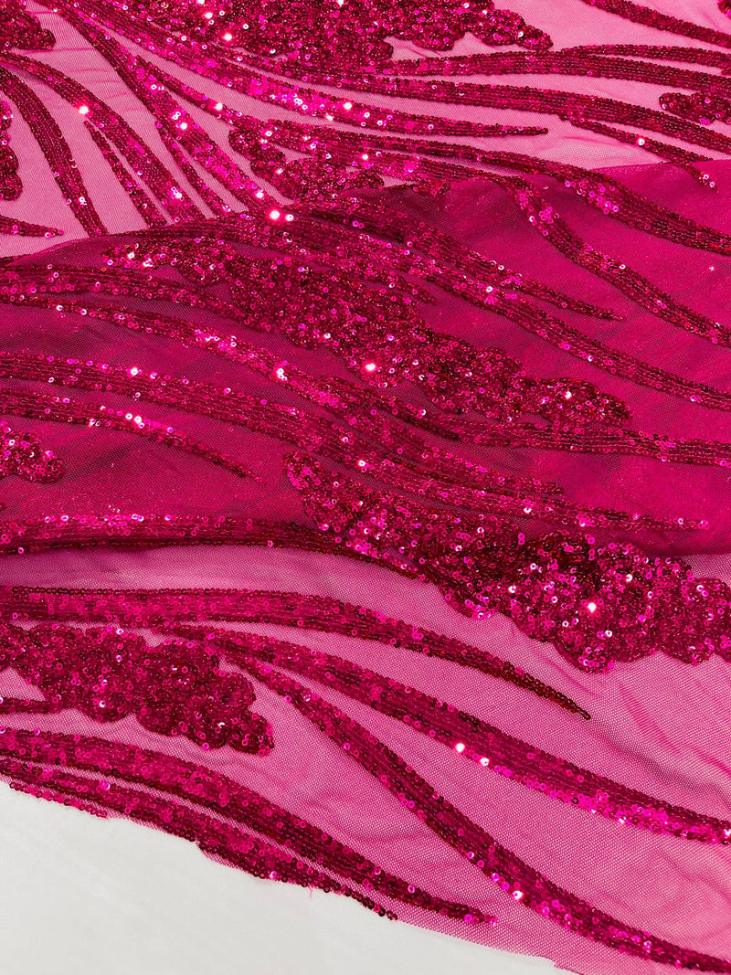 Feather damask shiny sequin design on a 4 way stretch mesh Fabric-prom-sold by The yard.