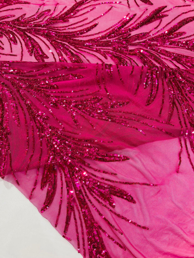 Feather Wing Shiny Sequin Design on a 4 Way Stretch mesh Fabric-Prom-Sold by The Yard.